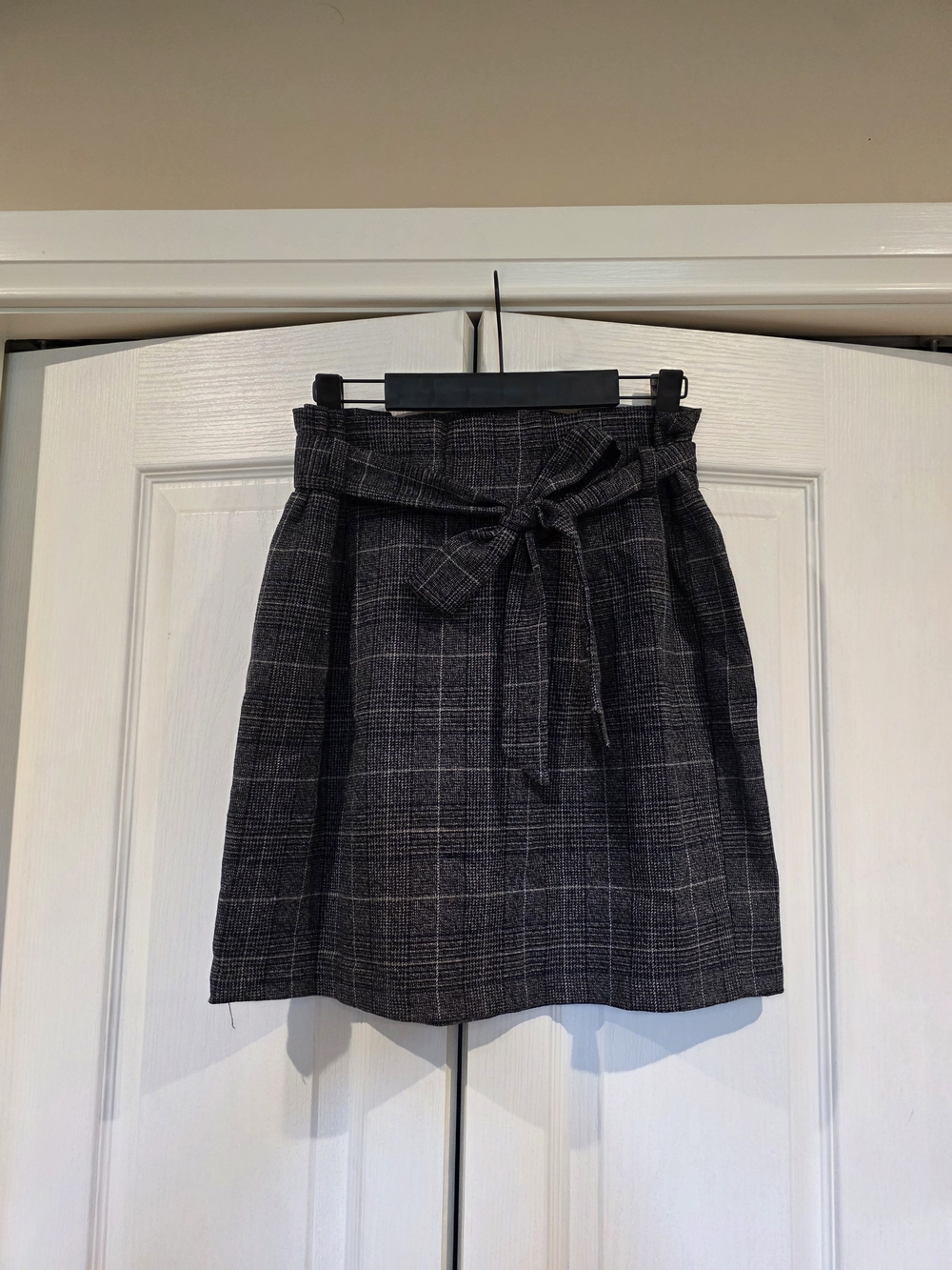 Eclipse Black and Gray Plaid Paperbag Waist Mini Skirt with Belt